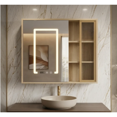 Mirror Cabinet - Led mirror cabinet wall-mounted Grain Wood 750mm