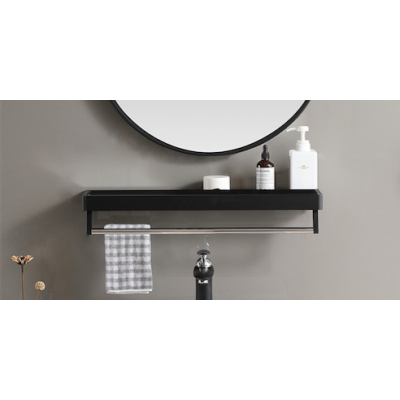 Bathroom Metal Wall Mirror Shelf Black Framed Rectangle 600mm