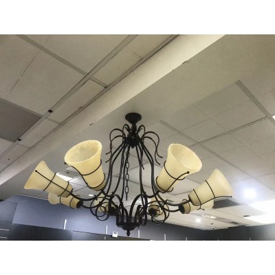 Decorative French Metal Uplighter Chandelier With Cream Frosted Shades