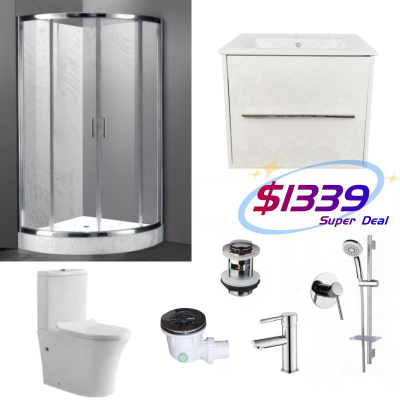 Bathroom Combo B – Shower Box Curved 1000mm+Vanity 600mm+Tapware+Toilet