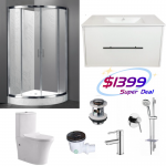 Bathroom Combo D – Shower Box Curved 1000mm+Vanity 800mm+Tapware+Toilet