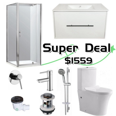 Bathroom Combo H – Shower Box 1000x1000mm+Vanity 900mm+Tapware+Toilet